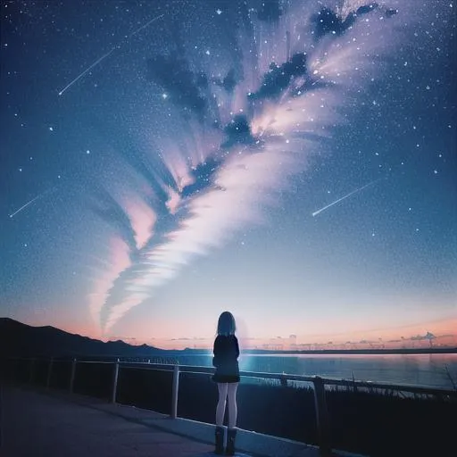 Prompt: chill landscape, at night with shooting stars with a girl standing in the middle of the frame