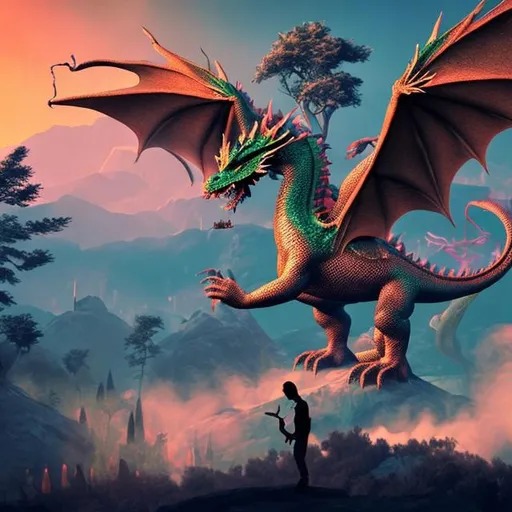 Prompt: Smoke trees with dragon in background 