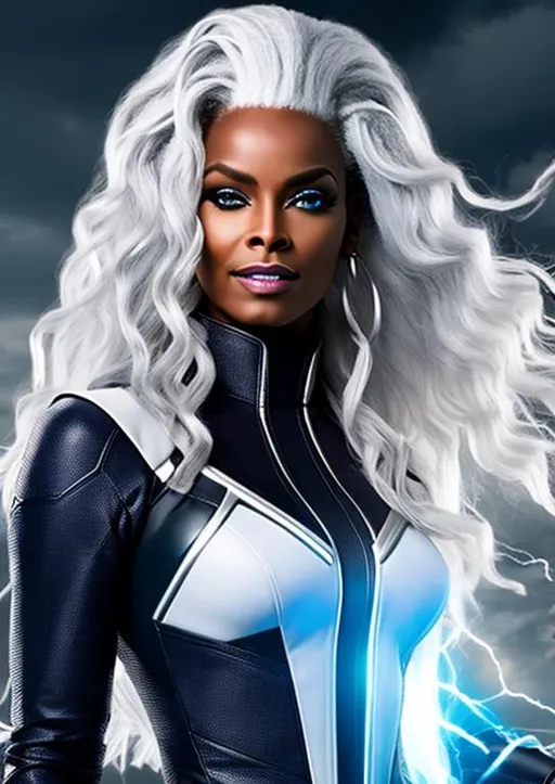 Prompt: High-resolution hyperrealistic photo of x-man storm ororo munroe merged with avenger photon monica rambeau, white hair, grey and white costume, uhd, hdr, 64k