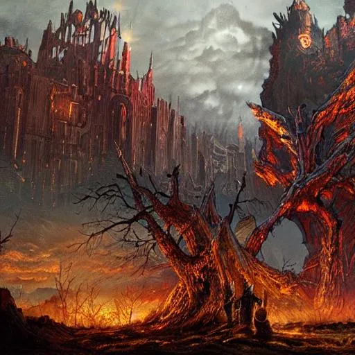 Prompt: The large world of Elden Ring, in the background showing the massive World Tree glowing gold/red hue overlooking the landscape, in the foreground is a decaying and complex castle. There picture and area is zoomed out over a large and multiple landscapes with a gothic and horror art style