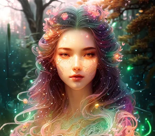 Prompt: harmonious, elegant, woman, aura, soul, Heavenly fantasy celestial bioluminescent prismatic opaline crystal lightning tree, Illustration, Beautiful, Detailed, Intricate, Painting, Vibrant, Design, Landscape, Cinematic, Photorealistic, 4k, 8k, World, Forest, Artstation, Wlop, Melancholic, Cyberpunk, Magical, SunsetCloseup face portrait of a {person}, smooth soft skin, big dreamy eyes, beautiful intricate colored hair, symmetrical, anime wide eyes, concept art, digital painting, looking into camera 