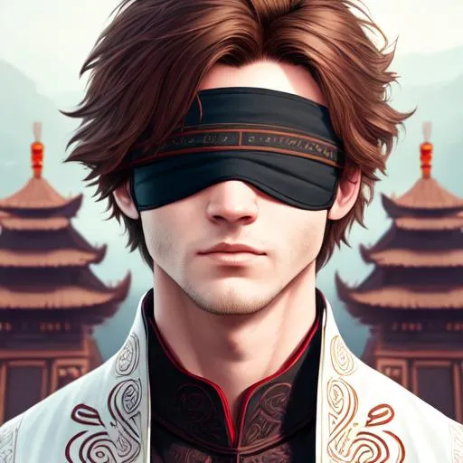 Prompt: Portrait of {blindfolded male oracle} with {brown} hair and with cute face, strong jawline, {temple background}, arcane glyphs on blindfold, perfect composition, modern, white modern clothing, hyperrealistic, super detailed, 8k, high quality, trending art, trending on artstation, sharp focus, studio photo, intricate details, highly detailed, by greg rutkowski