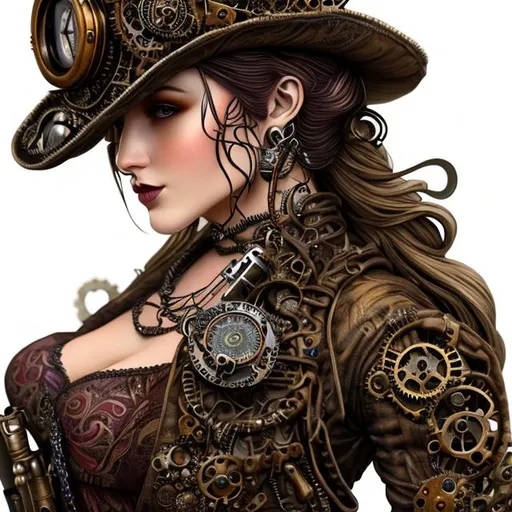 Prompt: A paisley painted very close up steampunk woman. She has a guitar on her back