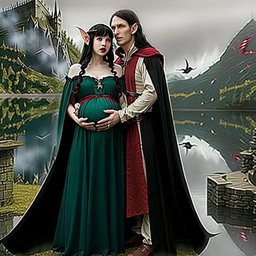 Prompt: pregnant  red lipstic woman black long hair elf ,white wings castle sword green  ears dress, man ,hug ,black cloak man smaug channellovebadder lake kid