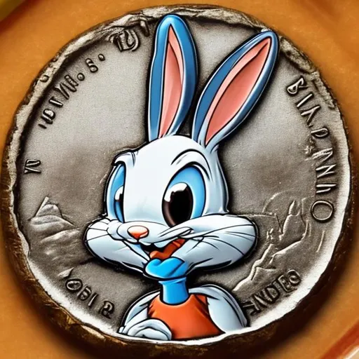 Prompt: Bugs Bunny, on a coin, surprise me