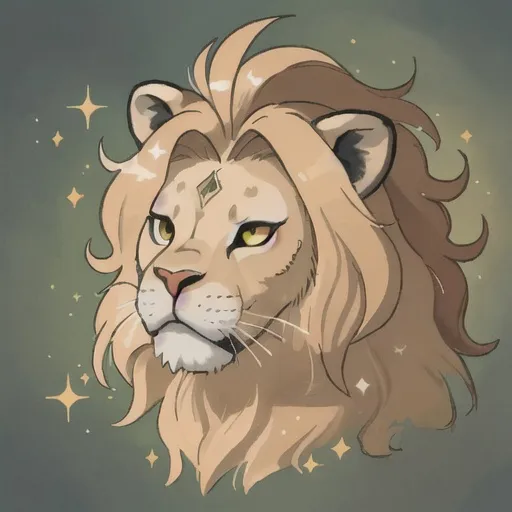 Prompt: Portrait, detailed, God of creativity and inspiration, painterly, looks like a painting, lion, sparkly,