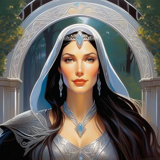 Prompt: arwen (as described in LOTR the book), fantasy, silver atmosphere, cartoony style, extremely detailed painting by Greg Rutkowski and by Henry Justice Ford and by Steve Henderson 