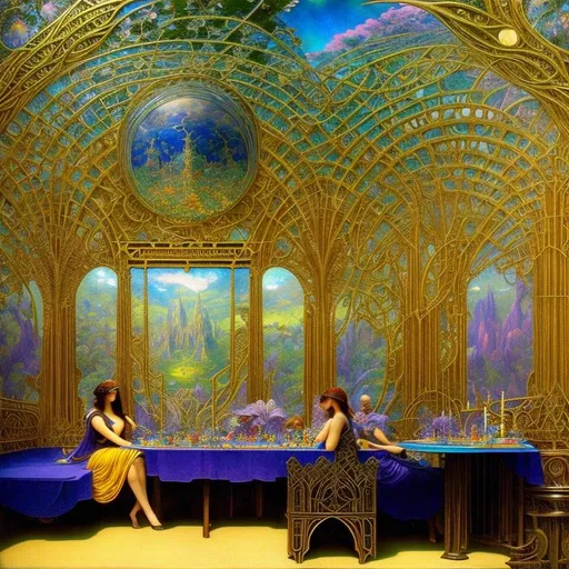 Prompt: [two point perspective][establishing shot; interior]
seated across the rune-covered table of her well-shaded art nouveau-styled sleeper-car school bus conversion is Morgan, corpulent Oracle of Limbo, explaining your fortune in the arcane spread of antique Tarot cards laid out before you.
Alphonse Mucha, Maxfield Parrish, Edward Hopper, J C Leyendecker, N C Wyeth.