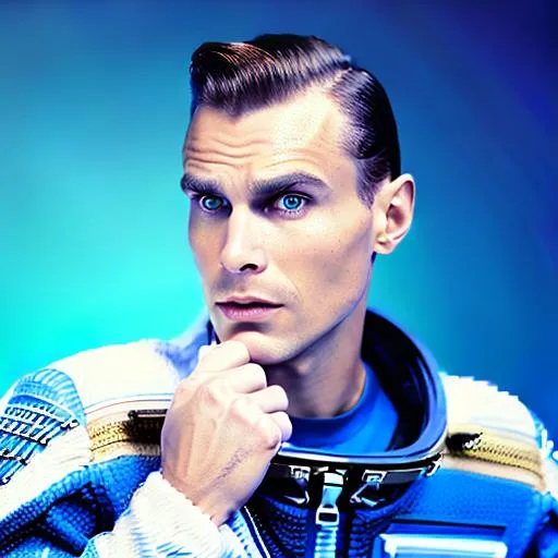 Prompt: Antoni Pawlicki is a futuristic civil servant dressed in a Space-1999-inspired business suit on a space station. photorealistic, accurate face
