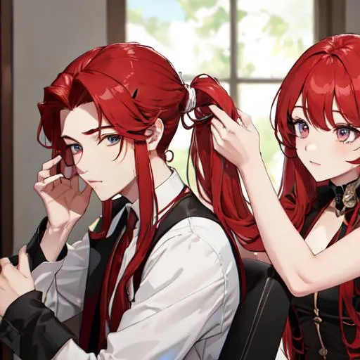 Prompt: Zerif 1male (Red side-swept hair covering his right eye) helping Haley get ready for a wedding