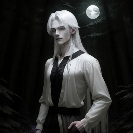 Prompt: A creature is standing in the dark forest, in the moonlight. He looks like a handsome, young man, but he has [very pale skin], [glowing yellow eyes], [extremely long, grey hair], [black lips] and [white, pointed fangs]. He is wearing a white peasant shirt.