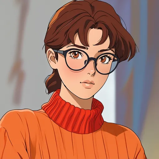 Prompt: 90's anime, cel shaded. A young woman with short brown hair, freckles and glasses. She wears an orange turtleneck and red pleated skirt