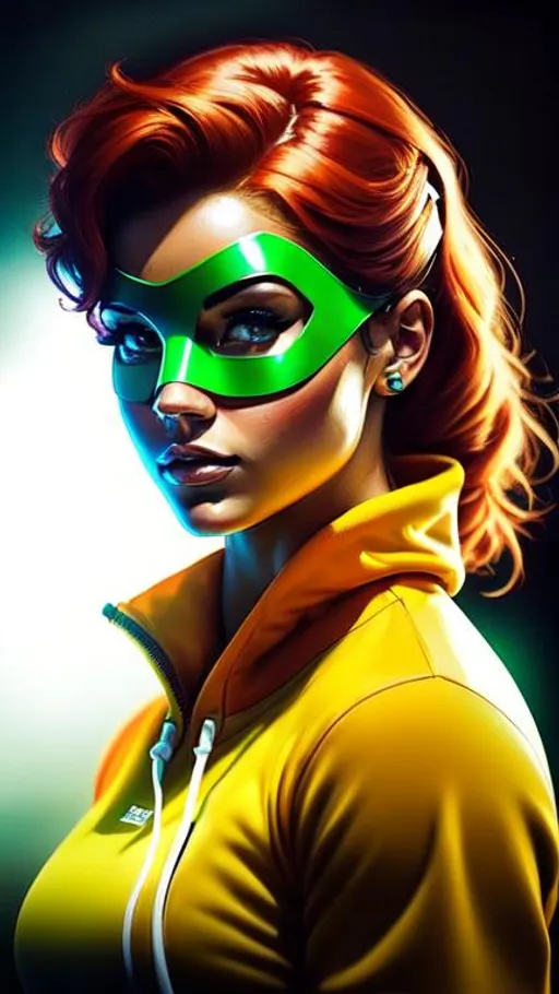 Prompt: an unknown real-life super-hero, wearing a red domino mask like Robin's, an attractive woman, with red hair and ultra-realistic green eyes, a realistic tan complexion, a beautiful body, muscular body, heroic character portrait, ultra-realistic, concept art, intricate details, studio lighting, symmetrical, ideal human, ultra details, super detailed, 64k, detailed body, full body, looking into the camera smooth, sharp, focus; illustration, golden ratio.