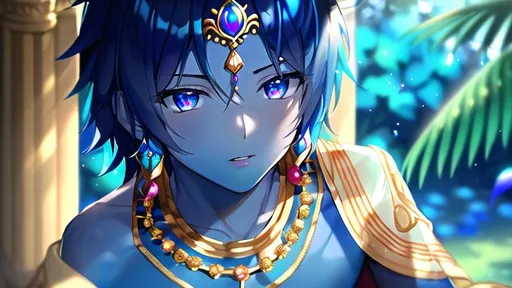 Prompt: Blue skin, At night, A 10 year old cute Boy under a tree, Peacock feather crown, black wide eyes, straight dark eyebrows, long lips like rose petals, no shirt robes like ancient Indian prince, Golden large Indian stylish neckless which is decorated by gold and emerald and rubies and it brights

 large Indian ancient time's golden flowing ear-rings in ears, curly hair, the boy's hair reach the shoulders, simple peacock feather crown on head which has 3 big peacock feathers exact middle of the crown, there are divine lights around the boy.

A golden crown it has real 3 peacock feathers. Sitting under a wide mango tree a Big moon night.
