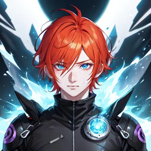 Prompt: Erikku male adult (short ginger hair, freckles, right eye blue left eye purple) UHD, 8K, Highly detailed, insane detail, best quality, high quality,  anime style, biker 