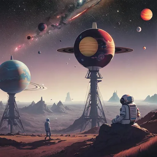 Prompt: planets and galaxies, two astronauts, 4 dimensional, graphical, cartoon, simon stalenhag

