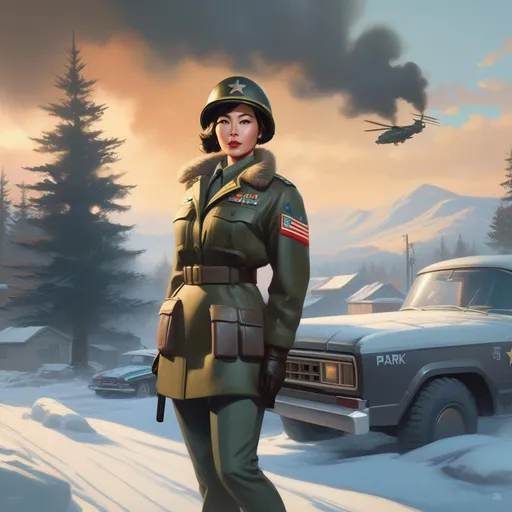 Prompt: Helen Park from Call of Duty Cold War, cartoony, cold atmosphere, extremely detailed painting by Greg Rutkowski and by Henry Justice Ford and by Steve Henderson