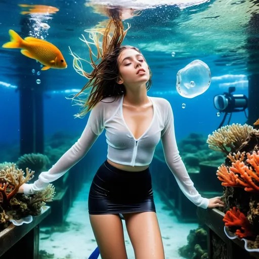 Prompt: photo of young woman, in soaking wet clothes, wet white sporty tigh high socks, short skirt,  translucent mohair short wool turtleneck crop top with plunging neckline, cleavage,  , underwater diving and swimming underwater holding her breath, long hair ,cloudy and foggy underwater atmosphere, algae, corals, small fishes, ship wreck, air bubbles,   enjoying, wet clothes stuck to body,  detailed textures of the wet clothes, wet face, wet plastered hair,  wet, drenched, professional, high-quality details, full body view 