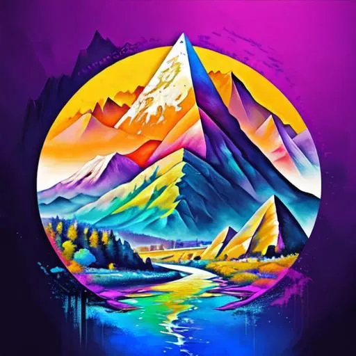 Prompt: landscape of a Colorful futuristic nature, a river, realistic, a big mountain in the shape of a perfect triangle, an eye in the center of the mountain, ultra details, best quality, 4K image