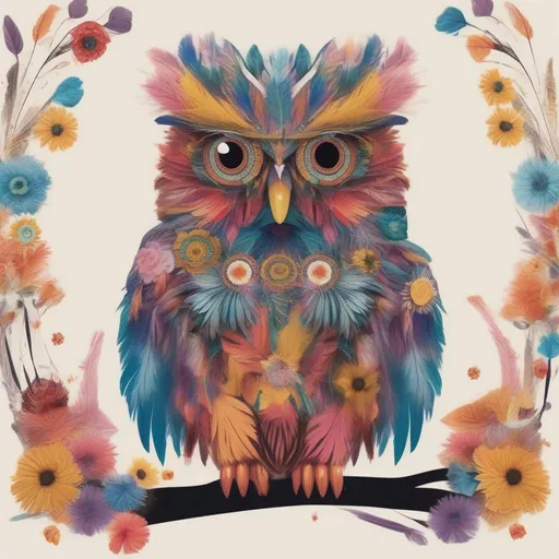 Prompt: a colourful owl with feathers made out of flowers in an arts and craft aesthetic 
