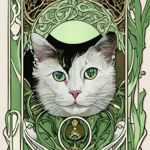 Prompt: White cat green eyes art nouveau 