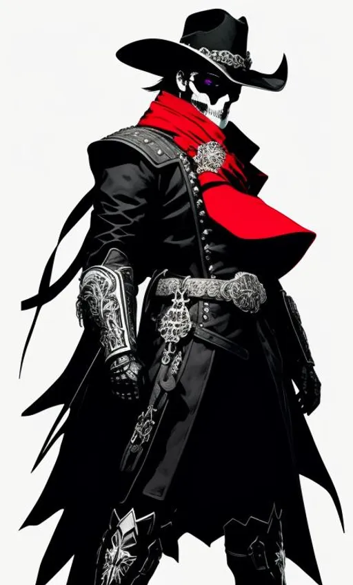 Prompt: Necromancer of the Wild West concept art portrait illustration by Yoji Shinkawa, heavy line art, highly detailed cell shaded digital painting of a evil Cowboy Warlock with prominently featuring his single glowing red right eye,

He is wearing a black Stetson hat with horns decorating the band, a large skull epaulet on his left shoulder and a skull belt buckle, skulls and spikes decorate his black and purple duster, he stands confidentially and menacingly with a silver and gold revolver in his right hand, he has metallic armor over leather cowboy boots, he has armored gauntlets,

Artstation, sharp focus, illustration, art by Victor Mosquera, 8k, clean, straight lines, smooth lines, visible line work, high clarity, high contrast, high fidelity, depth of field, Wild West Theme, defined edges