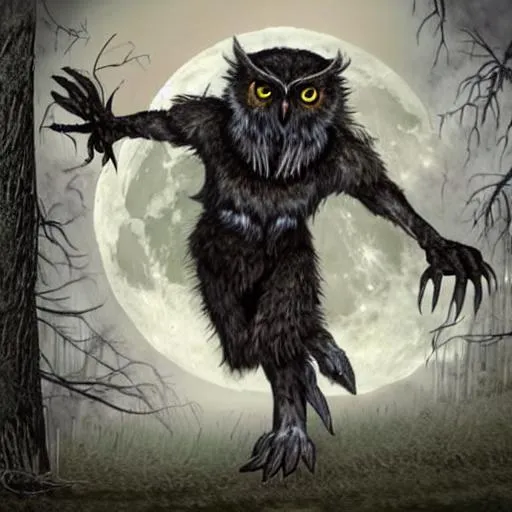 Prompt: Hyper realistic Bipedal owlman, or Wereowl, in forest, full moon, horror, terror, bodybuilding upper body Muscles , brown fur, with red eyes! Claws. 7 feet tall, and sinister, and battling Sasquatch! Vicious Hellhound. Evil , large wings!