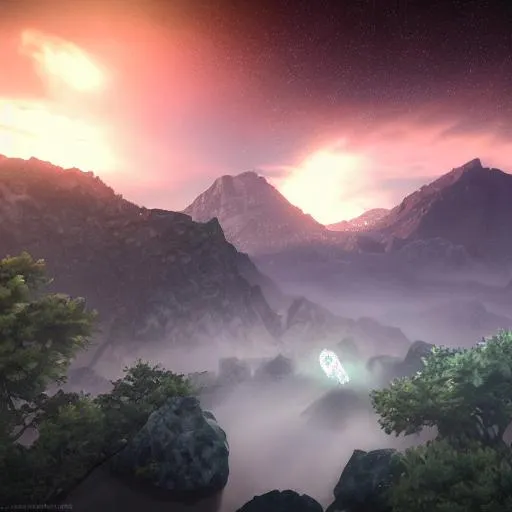 Prompt: Anime misty mountain , no people, 
, unreal engine five hyper realistic, 8k, dark skies, warm feeling, ominous, meteors falling through sky, rope bridge.