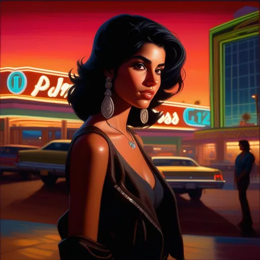 Prompt: Third person, gameplay, Mexican-American girl, olive skin, black hair, brown eyes, 1980s, Las Vegas at night, neon, hot weather, warm atmosphere, cartoony style, extremely detailed painting by Greg Rutkowski and by Henry Justice Ford and by Steve Henderson 

