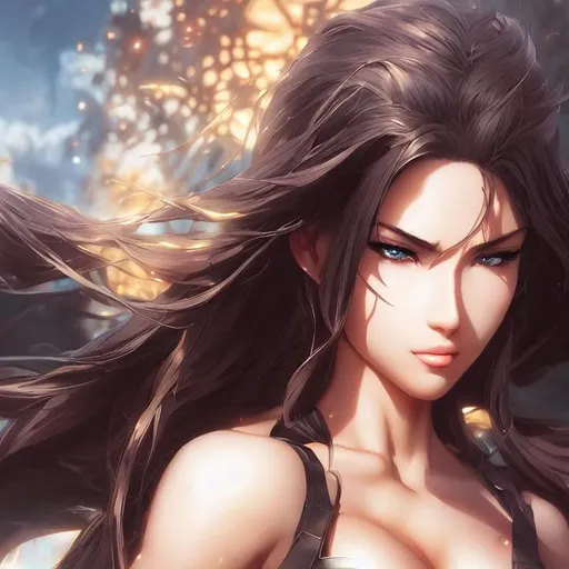 Prompt: hot muscular female warrior, smooth soft skin, big dreamy eyes, beautiful intricate colored hair, symmetrical, anime wide eyes, soft lighting, detailed face, by makoto shinkai, stanley artgerm lau, wlop, rossdraws, concept art, digital painting, looking into camera