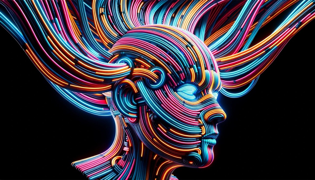 Prompt: A futuristic photo of a head made entirely of intertwining cables, illuminated by neon lights, evoking a sense of psychedelic artwork. The design is enriched with bold colorful lines and appears as if the cables are meticulously body-painted with vibrant patterns.