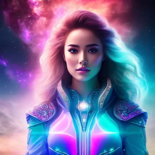 Prompt: create photograph of beautiful female princes who is wearing glowing bright futuristic robes,  night time and beautiful sky  space and planets an nebulae in sky highly detailed, detailed face, extremely detailed environment, extremely detailed background, extremely detailed skin, extremely detailed clothing, natural colors , professionally color graded, photorealism, 8k, realistic, moody lighting, galactic environment, volumetric lighting