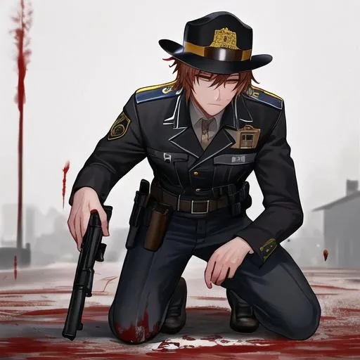 Prompt: Caleb as a police officer in a gunfight bullets flying, wounded, covered in blood, kneeling on the ground, gun in his hand, blood surrounding him
