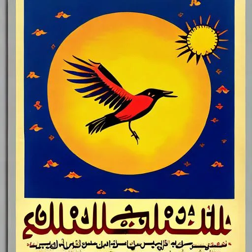 Prompt: 70s poster bird flying on the sun in arabic medieval style
