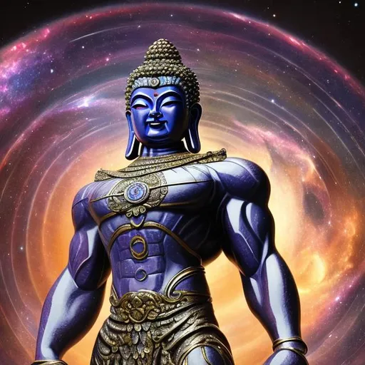 Prompt: alexandrite armored bodybuilding buddha, widescreen, infinity vanishing point, spiral galaxy background