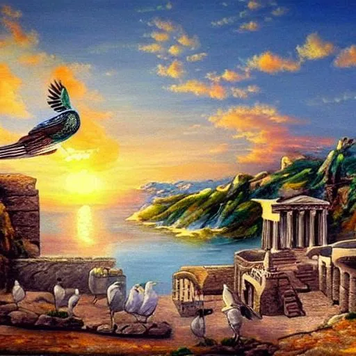 Prompt: beautiful painting of ancient greece with birds and a sunset