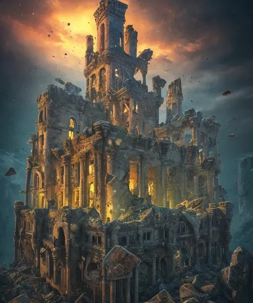 Prompt: a completely destroyed ((abandoned)) castle with debris and massive rocks floating in the air, night time, broken, destruction, foreboding ruins, ancient ruins, muted colors, Victorian, gothic, dark, Masterpiece,  photo quality,  cinematic light, ((depth of field)), fractal isometrics details, trending on artstation Isometric Centered hyperrealist cover photo awesome full color, gritty, glowing shadows, high quality, high detail, high definition, dark fantasy