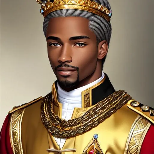 Prompt:  An intricately detailed Oil Painting of A blonde and little but grey, very rugged yet very very handsome 36 year old African American King  with mostly brown hair and a little bit of grey starting to show around his temples. A Very gorgeous MALE with strong, athletic physique, extremely attractive king with a disarming smile wearing an impressive gold and diamond crown. Dressed in white and gold highly ornate formal royal dress clothing. Epic perspective. Digital art. Masterpiece quality. Fantasy art. Hyper detailed. 