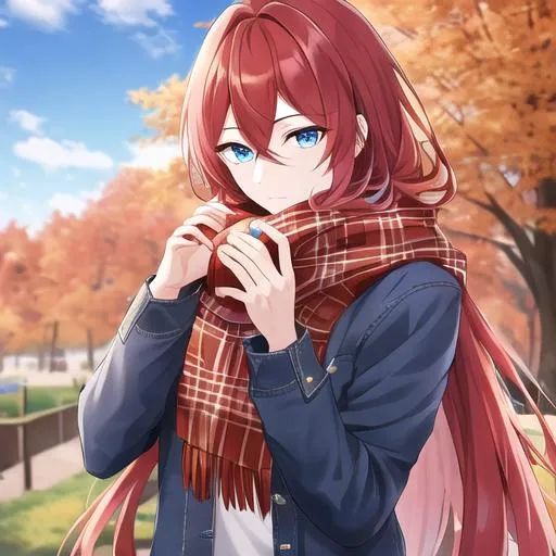 Prompt: Zerif 1male (long Red side-swept hair covering his right eye, blue eyes), highly detailed face, wearing a cozy flannel shirt and a pair of stylish jeans. In the park, fall.  wearing a scarf, looking up at the sky, in a pumpkin patch,  young adult. Handsome,  detailed, UHD, HD, 4K, highly detailed, red haze, masculine, anime style