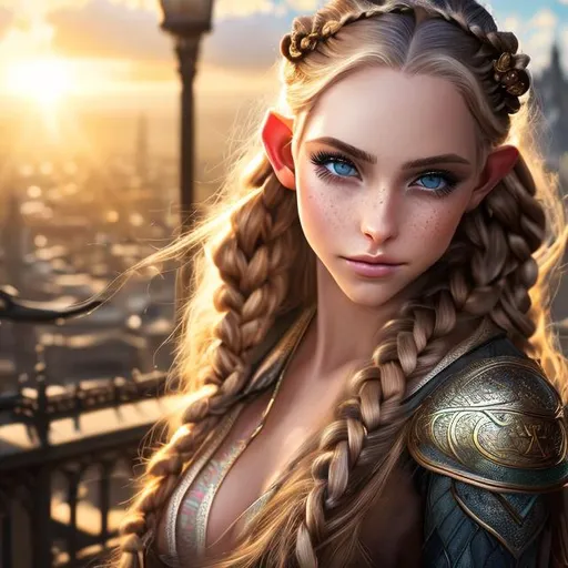 Prompt: Realistic, High Resolution, High Elf, Cleric, Blonde Hair, Green Eyes, Female, Light Tan, Full-body, Long Hair, Braids In Hair, Light Freckles On Cheeks, Natural Makeup, Medium Armor, Leather Armor, Elven City Background, Divine Magic, Beautiful Face, masterpiece, best quality, super detailed, high resolution, very detailed, 8k uhd, realistic, (natural light), amazing, fine detail, best, high quality, RAW photo, Fighting stance, wielding a lance, Hair jewelry, Angelic, wings, Divine Power.