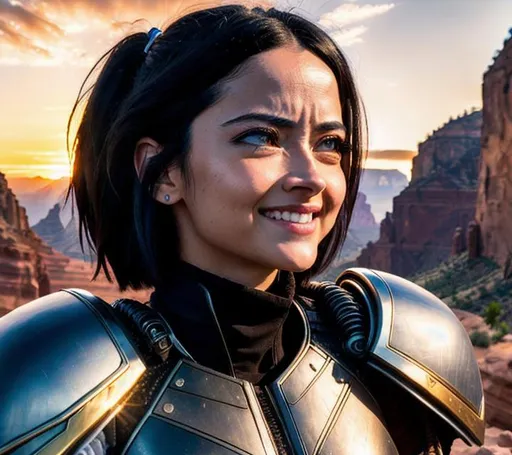 Prompt: 64K UHD Ultra-Realistic Ultra-Detailed Side-View of Laughing Alita Battle Angel. Bob-Styled Hair. Bright Brown Almond-Shaped Eyes. Brown Cloak Covering her Shoulders. Small Rounded Chin. Blushing High Cheekbones. Dramatic Sunrise Accentuating her Sensual Beauty. Travelling through Canyon