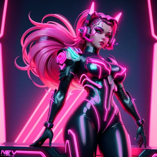 Prompt: a beautiful female demon in a dynamic pose in a retro futuristic synthwave cyberpunk neon paradise.  neon lighting, high quality, beautiful, masterpiece, artistic, synthwave, cyber, retro, futuristic