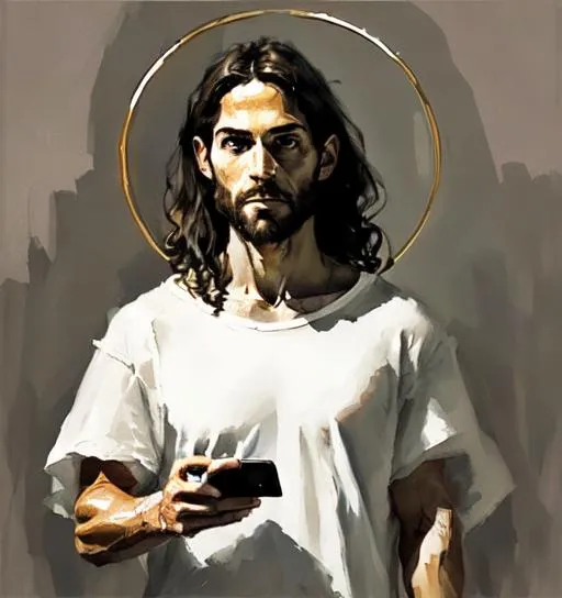 Prompt: Picture of jesus, holding a mobile phone, taking a selfie, with a ring light as a halo
