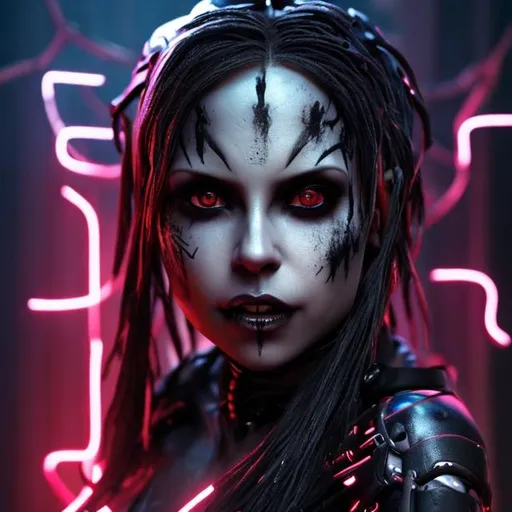 Prompt: upper body and face of a female  vampire, eliza dushku, dark skin, cyberpunk setting, cybergoth leather clothing, neon glowing wig, wild, cinematic lighting, highly detailed, photo realistic, smooth