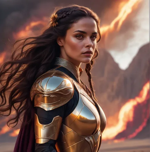 Prompt: Photorealistic sci-fi image of a powerful woman on an alien planet with fire and lava, sun kissed skin, mature, long hair, braid, (dark hair with burgundy highlights:1.8), (reflective golden honey eyes:1.9), (glowing eyes), confident expression, laying, commanding presence, high resolution, photorealism, detailed features, powerful aura, realistic lighting, professional quality, made for war, reflective eyes, ads-luxury, confident gaze, commanding presence