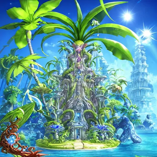 Prompt: magical giant sentient tropical sandy palm tree carnivorous plant creature with scythes and one white flower at its center. sunlight shafts, floating blue crystal shards with an ancient temple in the background.