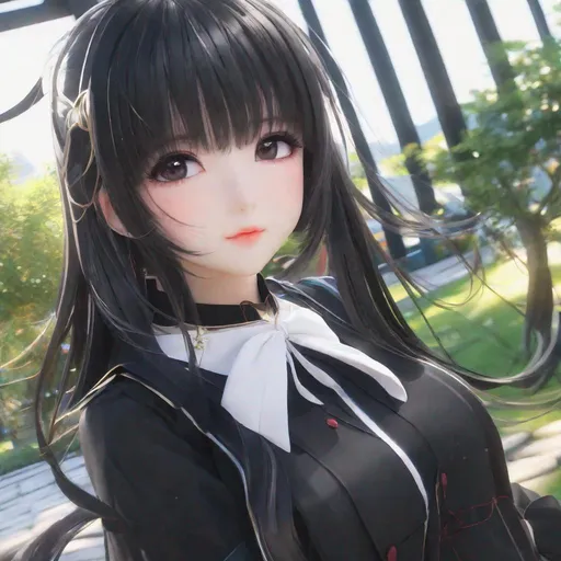 Prompt: 3d anime woman doyuin lip, black hair with wispy bangs, cute outfit, and beautiful pretty art 4k full HD raw