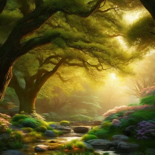 Prompt: An idyllic forest glen. The glen is illuminated by soft, ethereal light, with fireflies gently flickering around them. There is a magnificent, centuries-old oak tree adorned with delicate, glowing blossoms. Create a heartfelt, digital painting that beautifully this enchanting setting. Ensure the artwork maintains a sense of realism while capturing the magical ambiance and deep emotions of the moment.