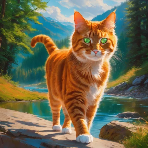 Prompt: warrior cat with {fiery orange fur} and bright green eyes, young male cat, epic anime portrait, beautiful 8k eyes, fine oil painting, intense, lunging at viewer, wearing shiny bracelet, solid red belly, worm's eye view, zoomed out view of character,  (unsheathed claws), visible claws, 64k, hyper detailed, expressive, intense, hissing cat, aggressive, intelligent, lithe, small, covered in scratches and scars, thick billowing mane, glistening golden fur, golden ratio, precise, perfect proportions, vibrant, prowling by a sun-bathed river, hyper detailed, dynamic, complementary colors, UHD, HDR, top quality artwork, beautiful detailed background, unreal 5, artstaion, deviantart, instagram, professional, masterpiece