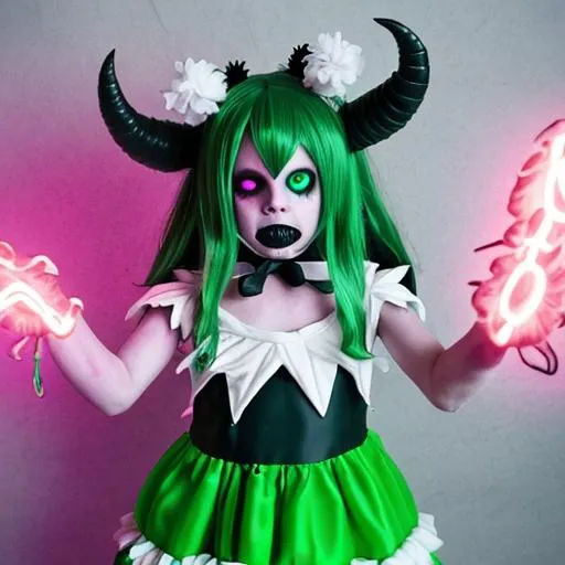 Prompt: FUlly pitch black demon with white eyes with human flesh scraps as a costume with a Cosplay wig that Green dyed half blue and tips be white , with red and green eye contacts GLOWING , A childs  pink flower dress, has horns on head